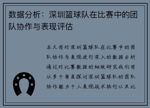 数据分析：深圳篮球队在比赛中的团队协作与表现评估